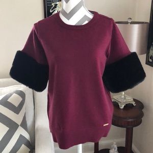 Michael Kors Bergundy Sweater With Fur Sleeves